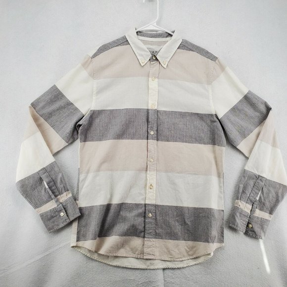 GUESS Shirt Men's Long Sleeve Striped Casual Button Up Oxford White Tan Large - Picture 2 of 12